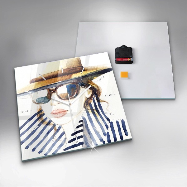 Square glass wall clock Face with glasses and hat