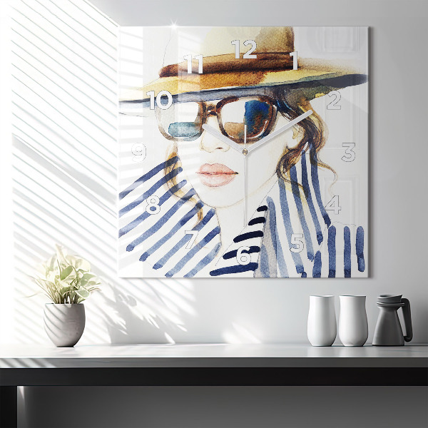 Square glass wall clock Face with glasses and hat
