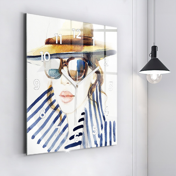 Square glass wall clock Face with glasses and hat