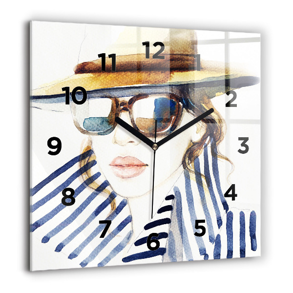 Square glass wall clock Face with glasses and hat