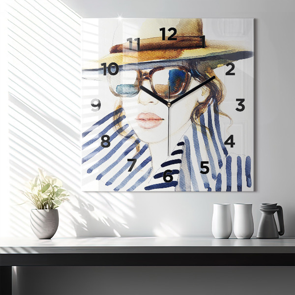 Square glass wall clock Face with glasses and hat