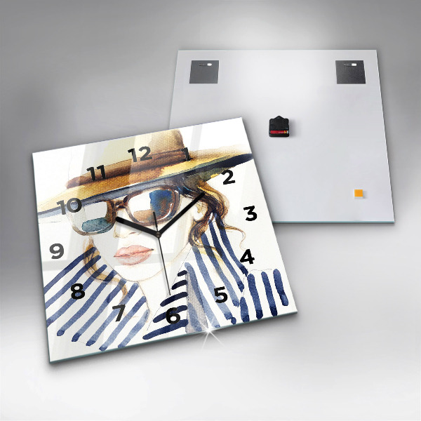 Square glass wall clock Face with glasses and hat