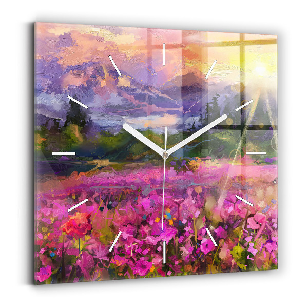 Square glass wall clock Meadow in the sunset