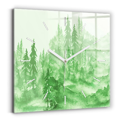 Square glass wall clock Painting green forest