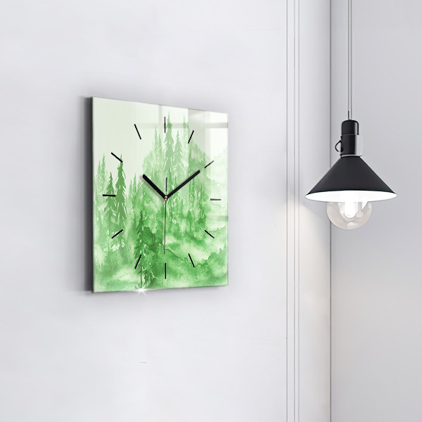 Square glass wall clock Painting green forest