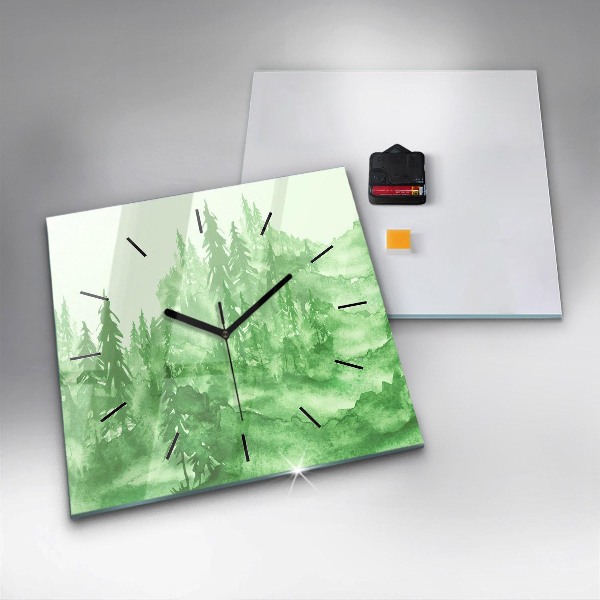 Square glass wall clock Painting green forest