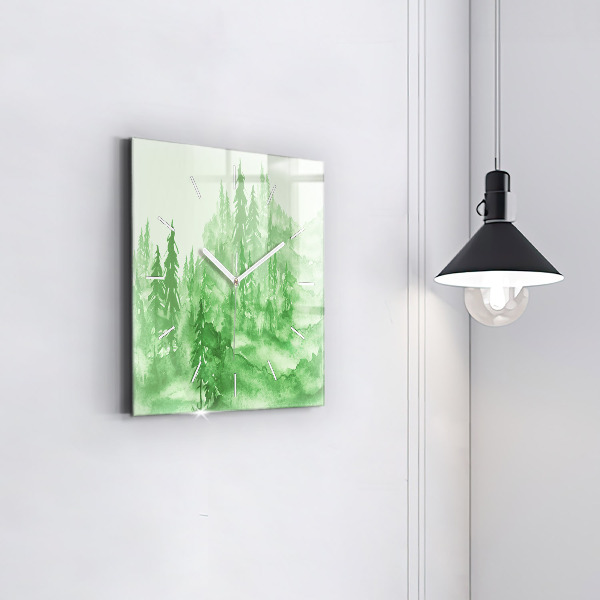 Square glass wall clock Painting green forest