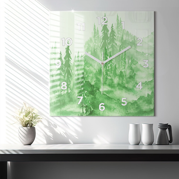 Square glass wall clock Painting green forest