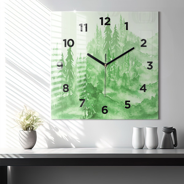 Square glass wall clock Painting green forest