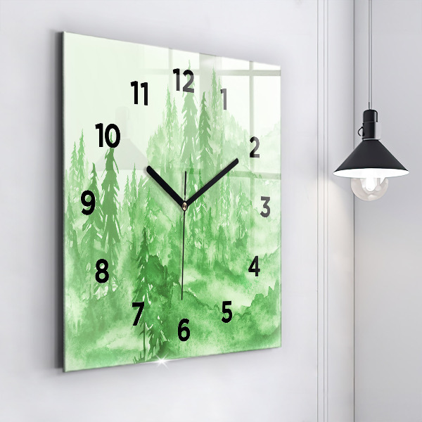 Square glass wall clock Painting green forest