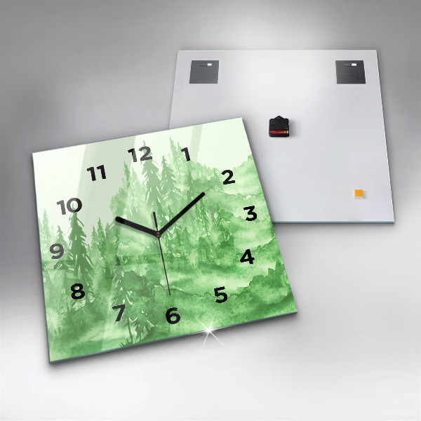 Square glass wall clock Painting green forest