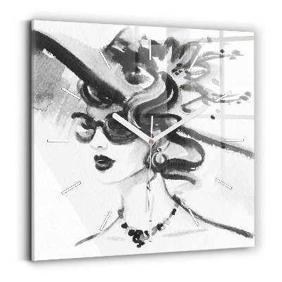 Square glass wall clock Fashionable woman