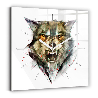 Square glass wall clock Drawn portrait of a wolf