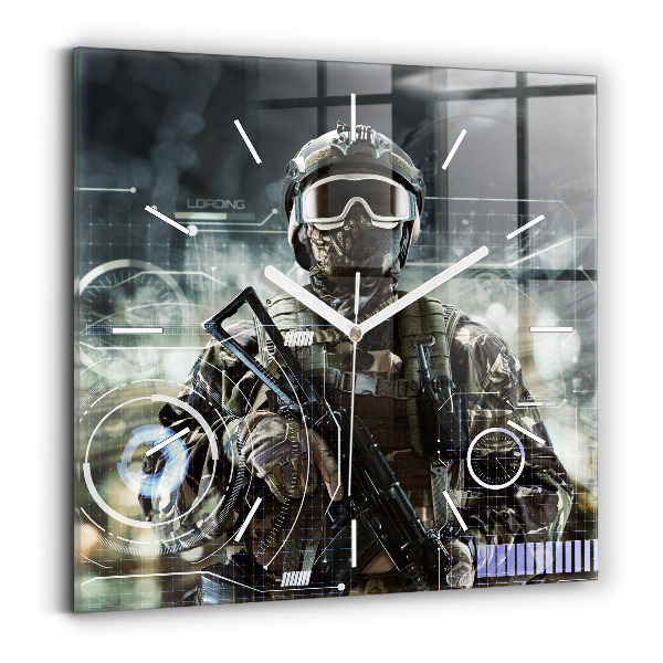 Square glass wall clock Soldier with a gun