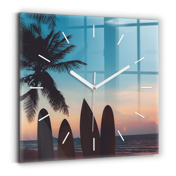 Square glass wall clock Surfing on the beach