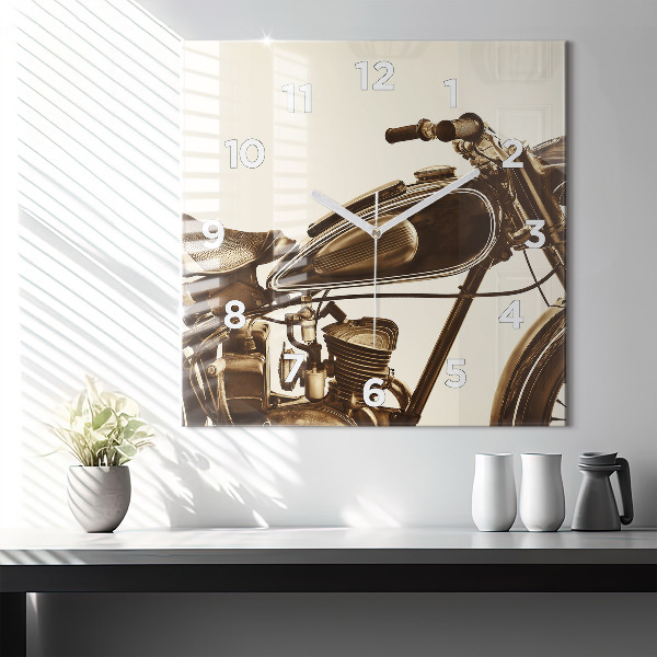 Square glass wall clock Vintage Motorcycle Sepia