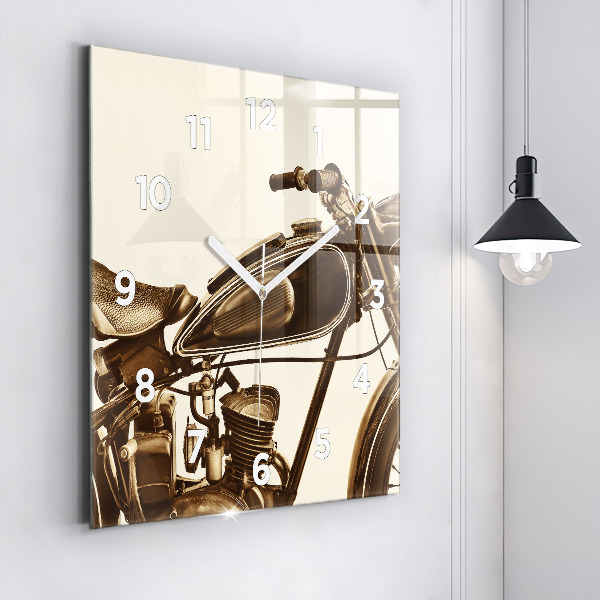 Square glass wall clock Vintage Motorcycle Sepia
