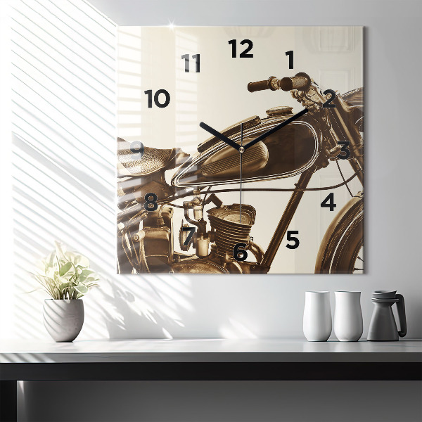 Square glass wall clock Vintage Motorcycle Sepia