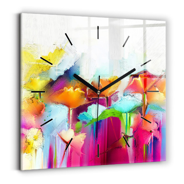 Square glass wall clock Abstract flowers