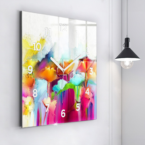 Square glass wall clock Abstract flowers
