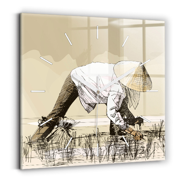 Square glass wall clock Woman picking rice