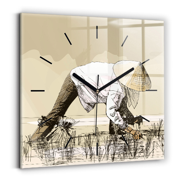 Square glass wall clock Woman picking rice