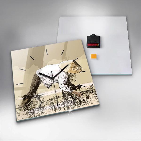 Square glass wall clock Woman picking rice