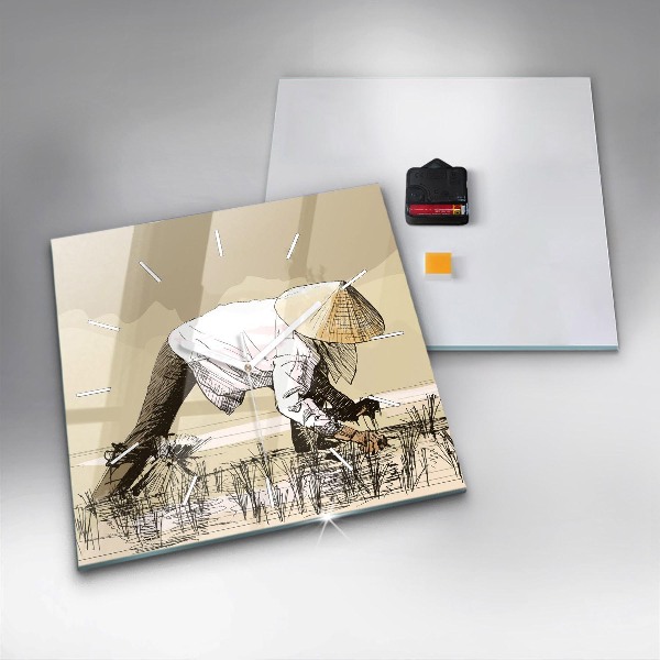 Square glass wall clock Woman picking rice