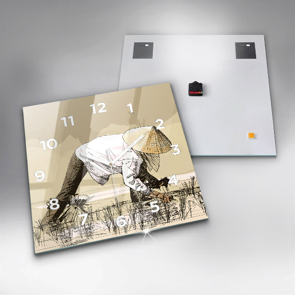 Square glass wall clock Woman picking rice