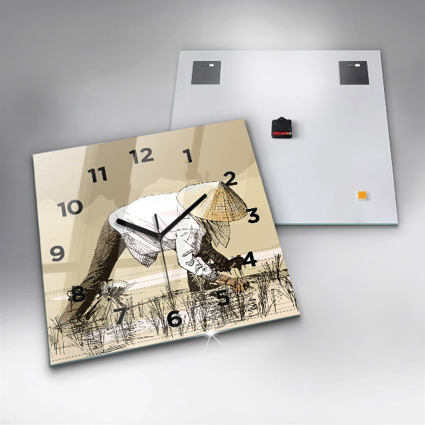 Square glass wall clock Woman picking rice