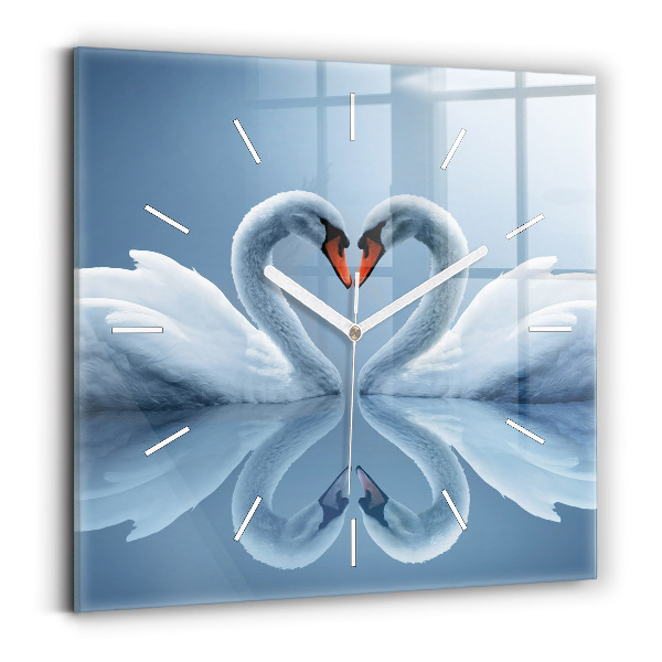Square glass wall clock Swans in the heart