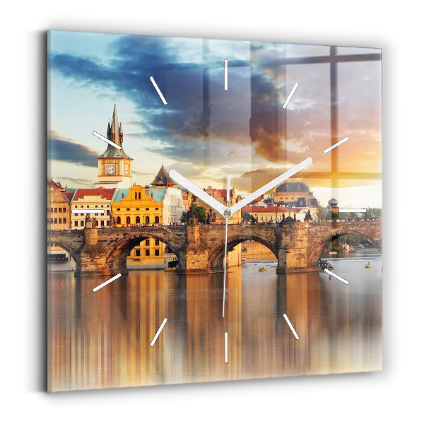 Square glass wall clock Panorama over the river