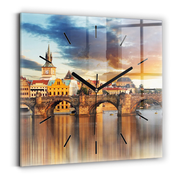 Square glass wall clock Panorama over the river