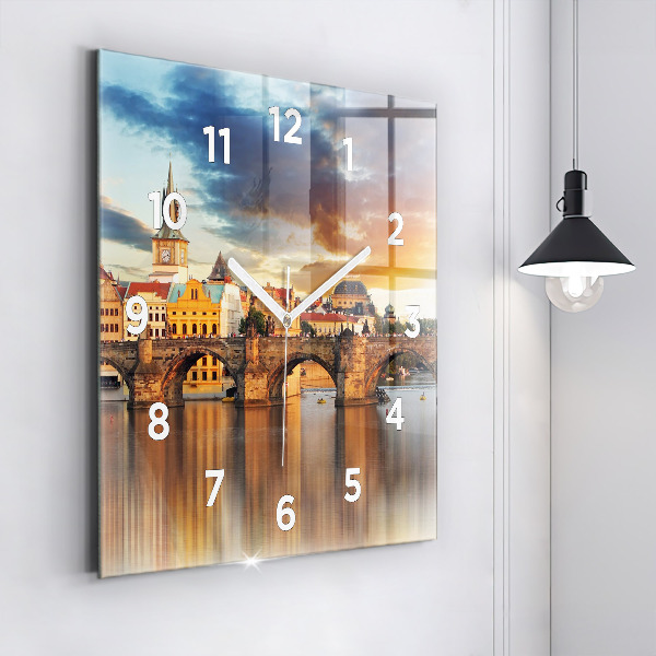 Square glass wall clock Panorama over the river