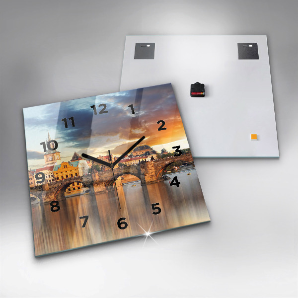 Square glass wall clock Panorama over the river