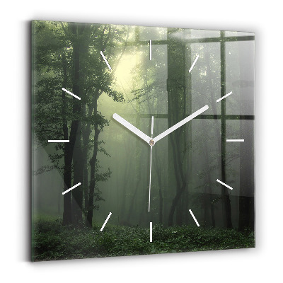 Square glass wall clock Misty forest in the morning
