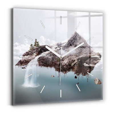 Square glass wall clock Flying Island and Waterfall