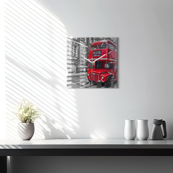Square glass wall clock Red double-decker bus