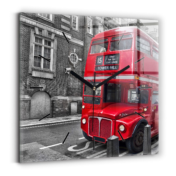 Square glass wall clock Red double-decker bus