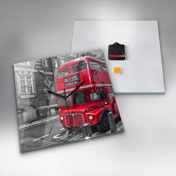 Square glass wall clock Red double-decker bus