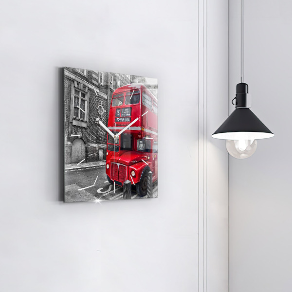 Square glass wall clock Red double-decker bus