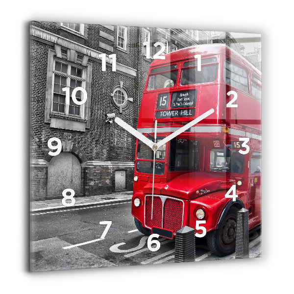 Square glass wall clock Red double-decker bus