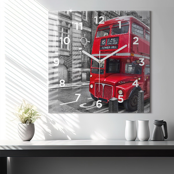 Square glass wall clock Red double-decker bus