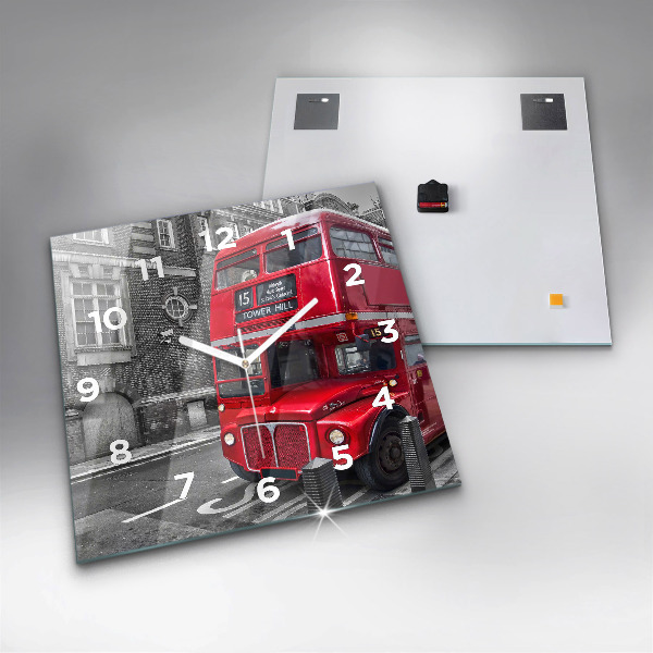 Square glass wall clock Red double-decker bus
