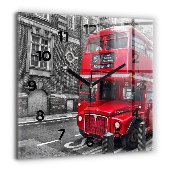 Square glass wall clock Red double-decker bus