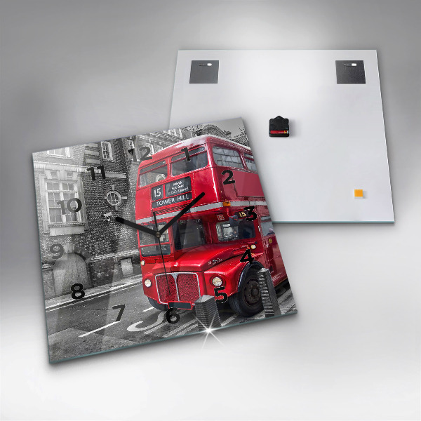 Square glass wall clock Red double-decker bus