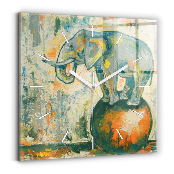 Square glass wall clock Painted elephant posture