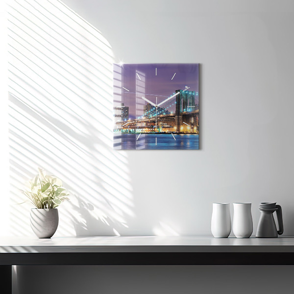 Square glass wall clock Brooklyn Bridge and East River