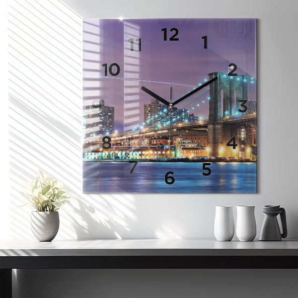 Square glass wall clock Brooklyn Bridge and East River