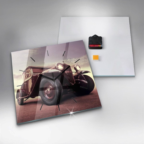 Square glass wall clock Vintage car